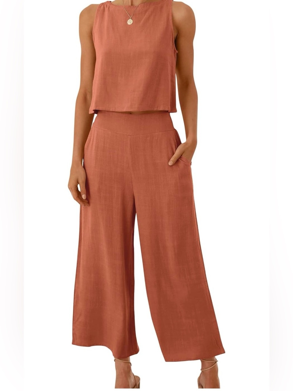 Anrabess 2 piece Women's Wide-Leg Pant Set in Rust - Sleeveless Crop Top & Pants